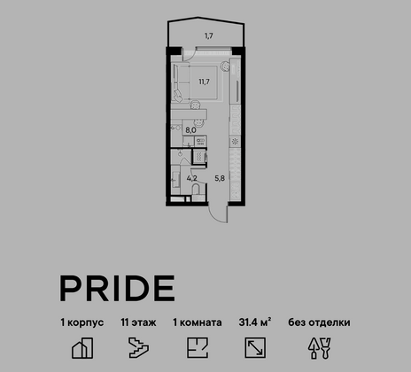 31,4 м², 1-комн. квартира, 11/22 этаж