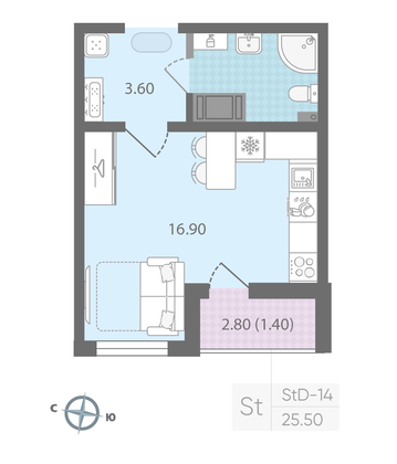 Продажа квартиры-студии 25,5 м², 7/24 этаж