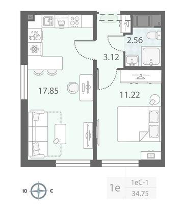 Продажа 1-комнатной квартиры 34,8 м², 21/23 этаж