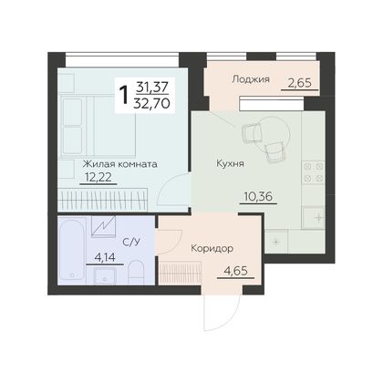 Продажа 1-комнатной квартиры 32,7 м², 3 этаж