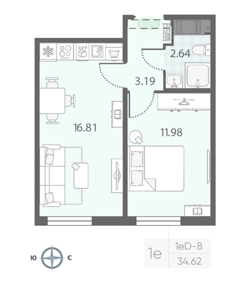 Продажа 1-комнатной квартиры 34,6 м², 8/23 этаж