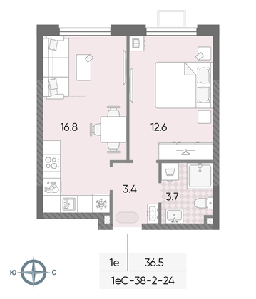 36,5 м², 1-комн. квартира, 20/24 этаж