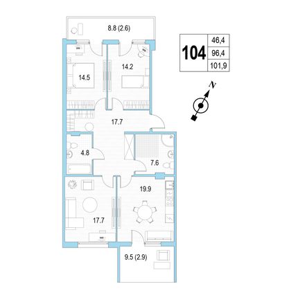 Продажа 3-комнатной квартиры 101,9 м², 3/4 этаж