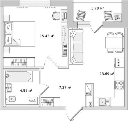 44,8 м², 1-комн. квартира, 2/16 этаж
