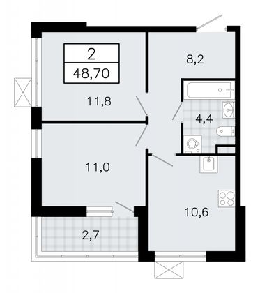 48,7 м², 2-комн. квартира, 6/12 этаж