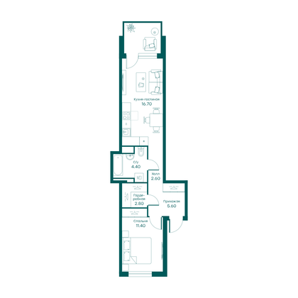 43,5 м², 2-комн. квартира, 1/6 этаж