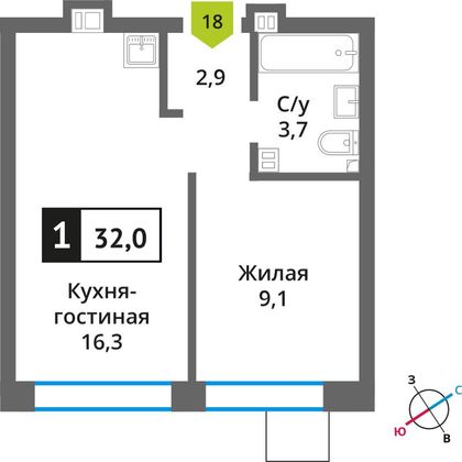 Продажа 1-комнатной квартиры 32 м², 4/6 этаж