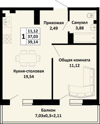 39,1 м², 1-комн. квартира, 4/4 этаж