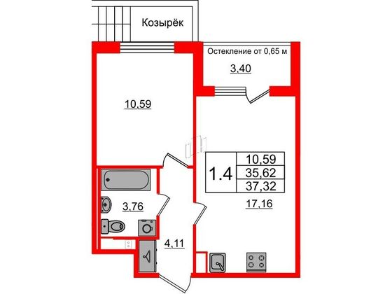 Продажа 1-комнатной квартиры 35,5 м², 1/4 этаж