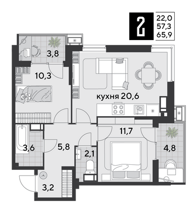 Продажа 2-комнатной квартиры 65,9 м², 13/18 этаж