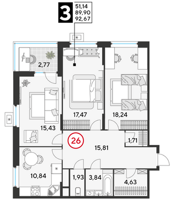 Продажа 3-комнатной квартиры 92,7 м², 4/25 этаж