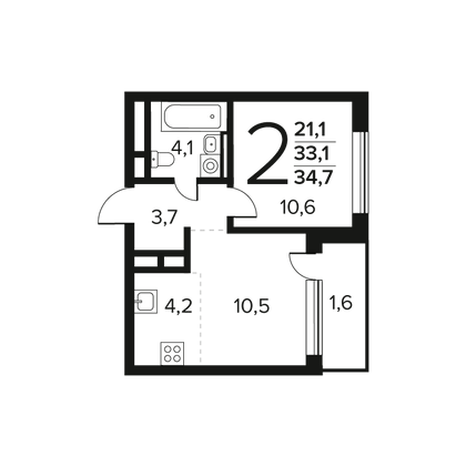 34,7 м², 2-комн. квартира, 2/12 этаж