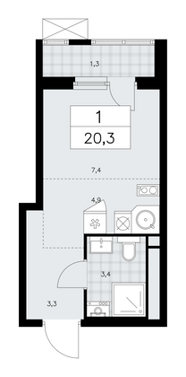 20,3 м², своб. планировка, 14/16 этаж