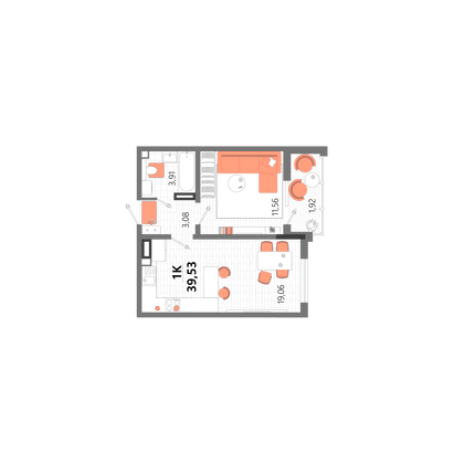 39,5 м², 1-комн. квартира, 6/13 этаж