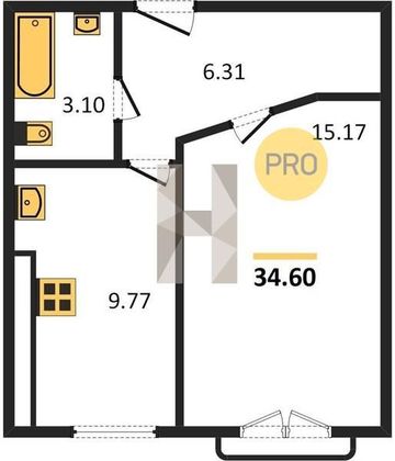Продажа 1-комнатной квартиры 34,6 м², 5/6 этаж