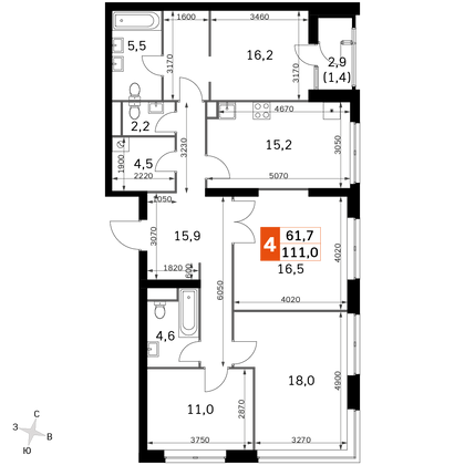 111 м², 4-комн. квартира, 4/30 этаж