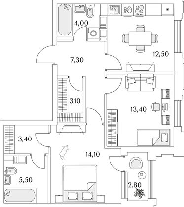 64,7 м², 2-комн. квартира, 6/13 этаж