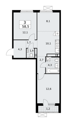 58,5 м², 3-комн. квартира, 13/16 этаж