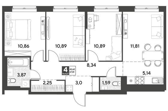 Продажа 4-комнатной квартиры 67,8 м², 6/21 этаж