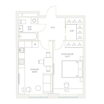 Продажа 1-комнатной квартиры 44,3 м², 3/23 этаж