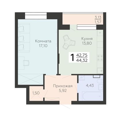 Продажа 1-комнатной квартиры 44,3 м², 4/10 этаж