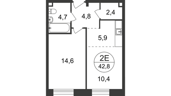 42,8 м², 2-комн. квартира, 2/9 этаж