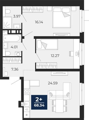 68,3 м², 2-комн. квартира, 11/12 этаж