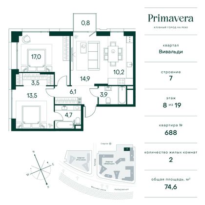 74,6 м², 2-комн. квартира, 8/19 этаж