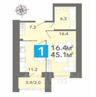 Продажа 1-комнатной квартиры 45,1 м², 9/17 этаж