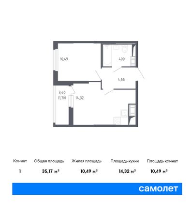 35,2 м², 1-комн. квартира, 14/17 этаж