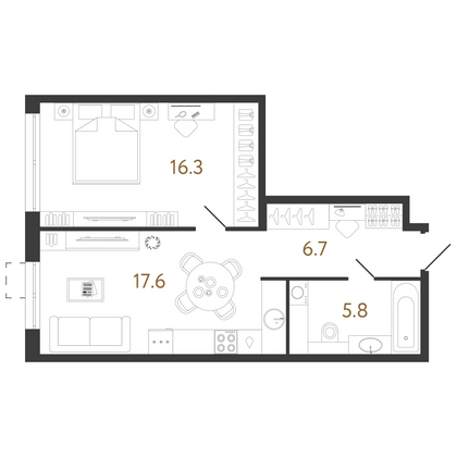 46,4 м², 1-комн. квартира, 2/23 этаж