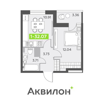 32,1 м², 1-комн. квартира, 12/13 этаж