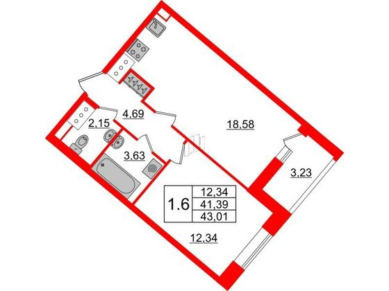 Продажа 1-комнатной квартиры 41,4 м², 12/18 этаж