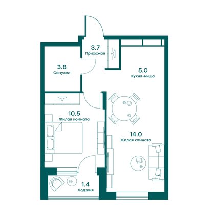 38,4 м², 2-комн. квартира, 2/5 этаж