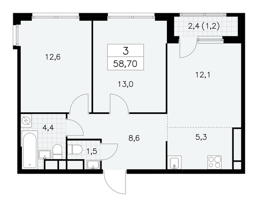 58,7 м², 3-комн. квартира, 30/30 этаж