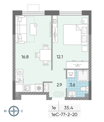 Продажа 1-комнатной квартиры 35,4 м², 20/24 этаж