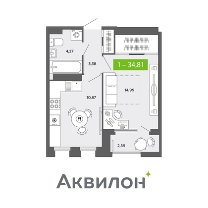 34,8 м², 1-комн. квартира, 4/16 этаж