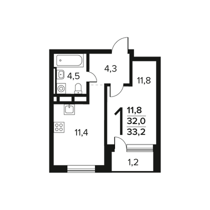 Продажа 1-комнатной квартиры 33,2 м², 6/11 этаж