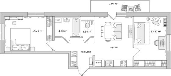 57,3 м², 2-комн. квартира, 8/21 этаж