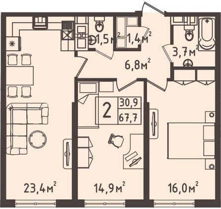 Продажа 2-комнатной квартиры 68 м², 3/9 этаж