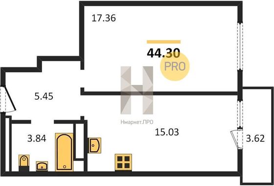 Продажа 1-комнатной квартиры 44,3 м², 25/27 этаж