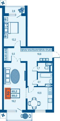 65,2 м², 2-комн. квартира, 17/23 этаж