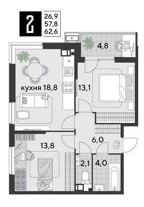 62,6 м², 2-комн. квартира, 7/18 этаж