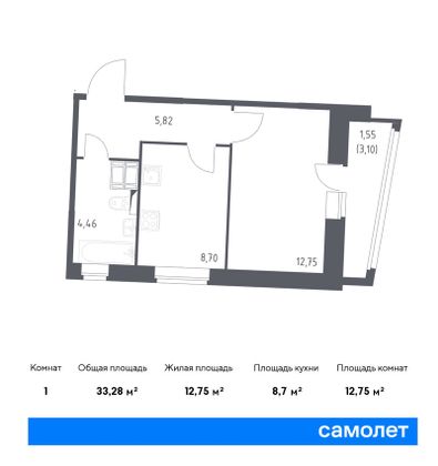 33,3 м², 1-комн. квартира, 7/9 этаж