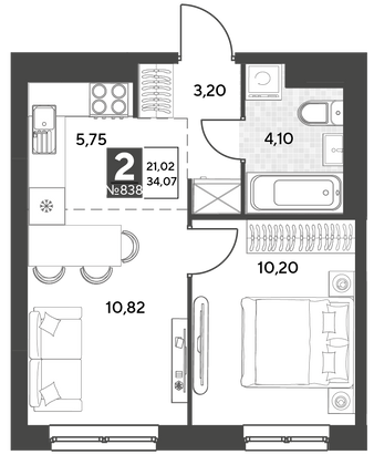 Продажа 2-комнатной квартиры 34,1 м², 20/25 этаж