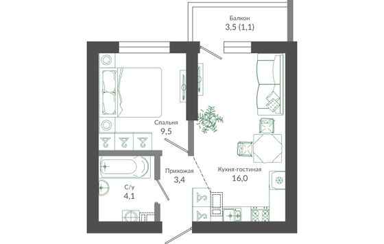 34,1 м², 1-комн. квартира, 1/12 этаж