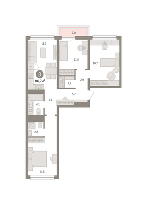 Продажа 3-комнатной квартиры 86,7 м², 5/8 этаж