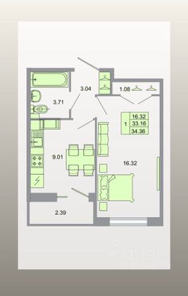 Продажа 1-комнатной квартиры 33,6 м², 20/20 этаж