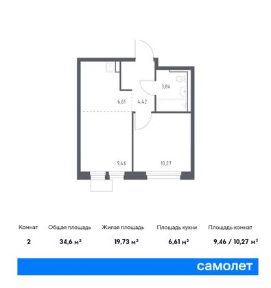 34,6 м², 2-комн. квартира, 12/17 этаж