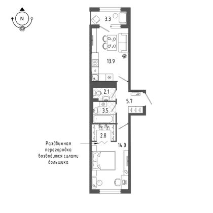 43,8 м², 1-комн. квартира, 13/18 этаж